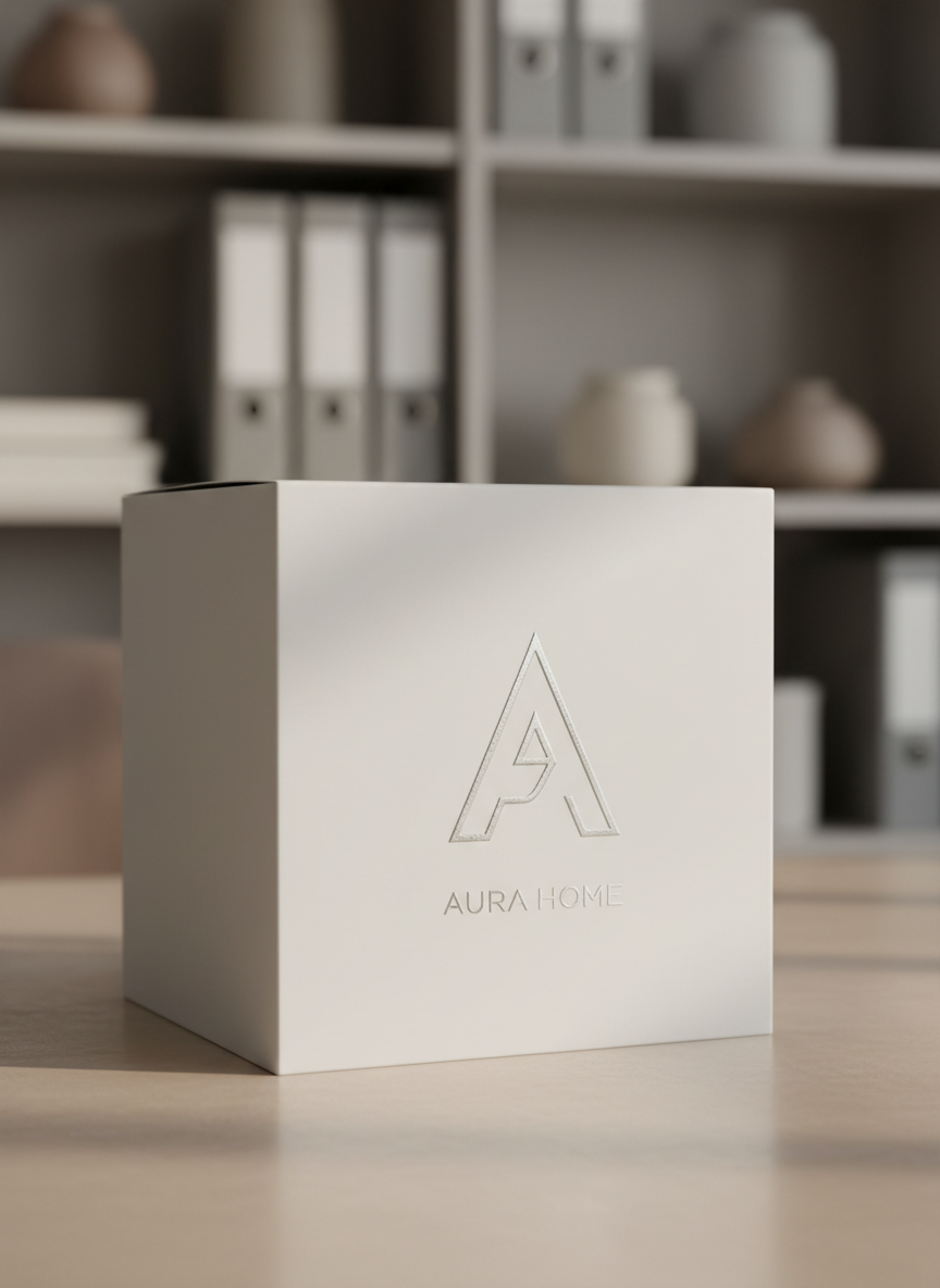 A crisp, ultra-clean branded product package box in matte white, featuring an embossed logo and subtle silver foil accents. The box sits neatly atop a smooth, neutral-toned tabletop, with a backdrop of blurred, soft grey and beige office shelving. Soft studio lighting gently illuminates the embossed surfaces, creating elegant highlights and refined shadows for depth. The overall mood is sophisticated and modern, conveying luxury and professionalism. Shot from a low, slightly angled perspective with sharp focus on the logo detail, and a photographic, minimalist aesthetic to highlight product branding for digital-centric businesses.