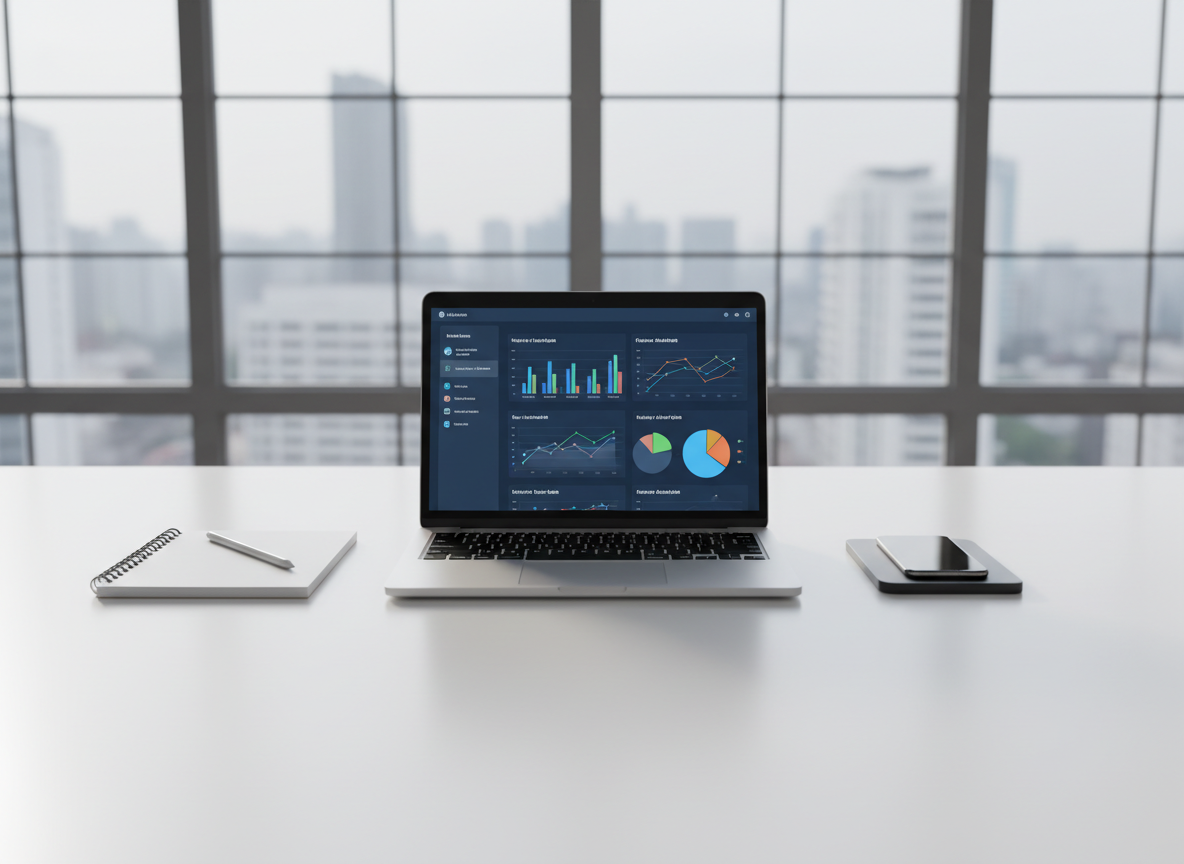 A sleek, modern desktop workspace with a high-gloss silver laptop displaying an analytics dashboard, set on a matte white desk with minimal accessories such as a slim black notepad and a silver pen. The environment features a large glass window in the background, revealing soft daylight that casts gentle highlights and subtle, clean-edged shadows across the surfaces. The mood is calm and professional, evoking trust and clarity. Composition is eye-level with balanced symmetry, emphasizing organization and corporate order. The photographic realism style enhances the clean lines and neutral tones, perfectly reflecting a digital marketing business’s structured, expert approach.