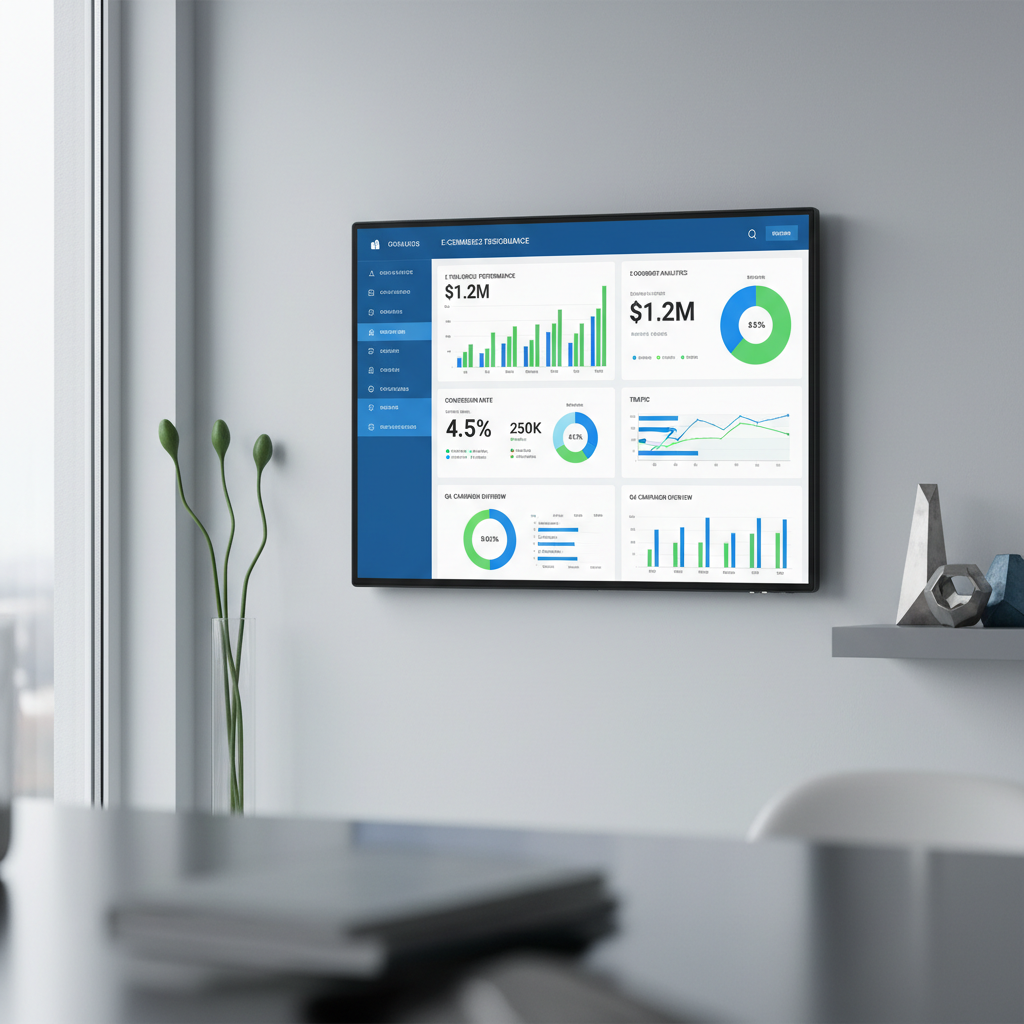 An immaculate digital marketing dashboard interface displayed on a wall-mounted, slim black LED monitor with crisp, vibrant graphs and blue-accented navigation elements. The monitor is framed by tasteful, high-end office décor in cool grey tones, including a glass vase with minimalist foliage and geometric decor in the midground. Diffused overcast light from a nearby window creates balanced, non-distracting illumination that enhances screen clarity. The atmosphere is efficiently focused and goal-oriented, with a rule-of-thirds composition and sharp focus throughout, delivering a clean, professional photographic image supporting data-driven growth in e-commerce and corporate markets.